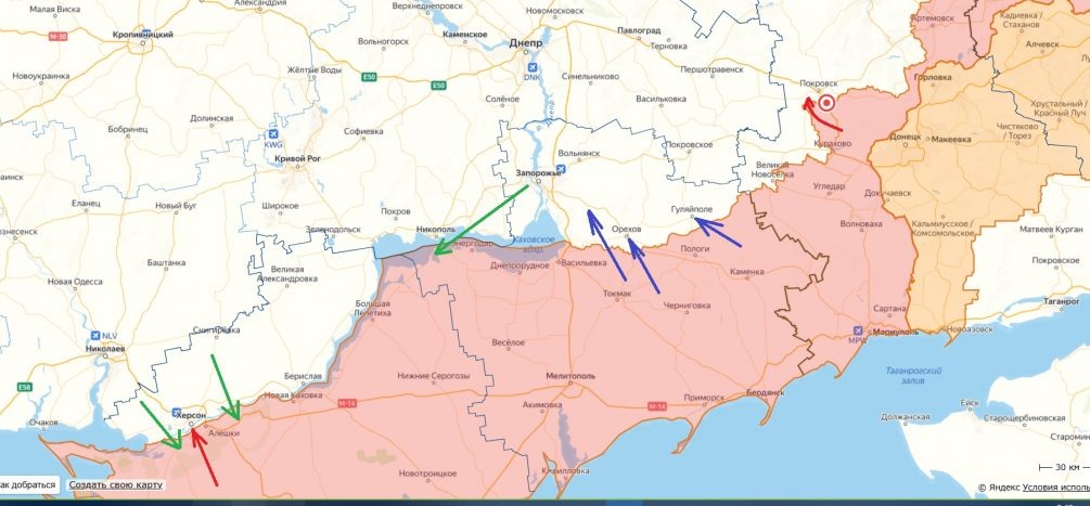    Карта спецоперации. Красным обозначены места возможного прорыва. Зеленым и синим направления артобстрелов.