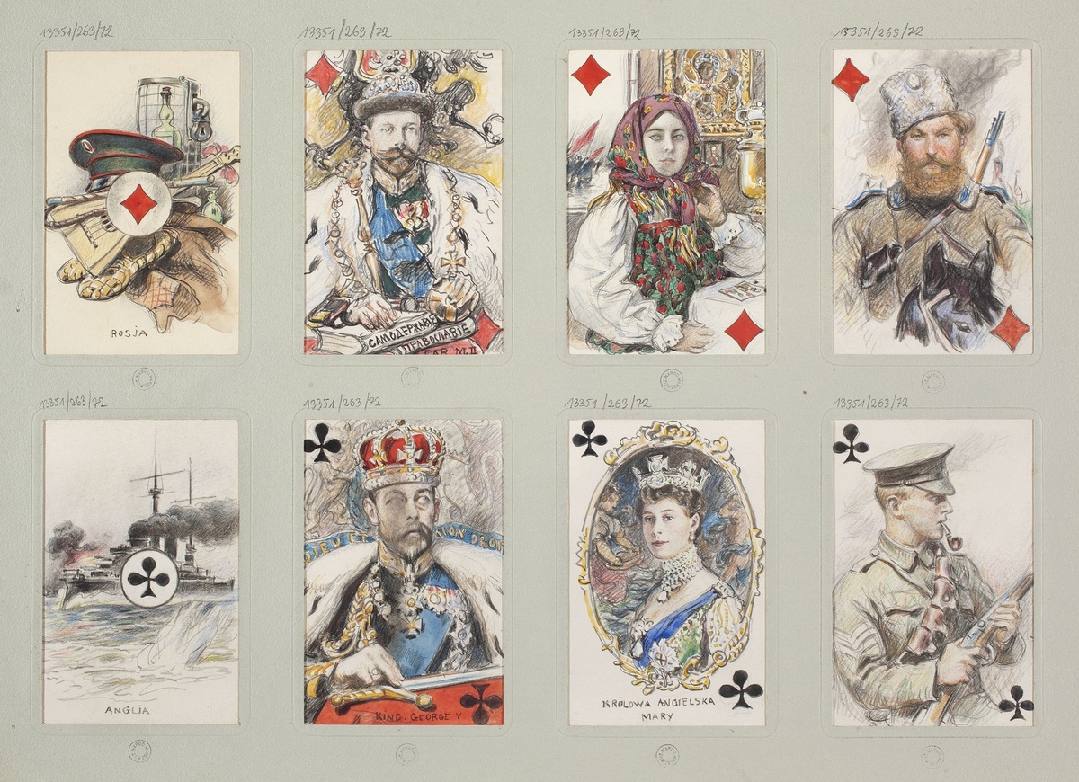 - Туз Бубен (♦) Аллегория России.
- Король Бубен (♦) Изображение царя Николая II в царском облачении.
- Дама Бубен (♦) Молодая русская женщина в традиционном русском костюме.
- Валет Бубен (♦) Аллегория русской армии.
- Туз Треф (♣) Военный корабль, символизирующий Англию.
- Король Треф (♣) Портрет короля Великобритании Георга V в королевской мантии.
- Дама Треф (♣) Королева Мэри, супруга Георга V.
- Валет Треф (♣) Солдат в британской военной форме с винтовкой.