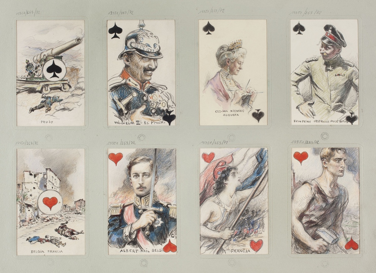 - Туз Пик (♠) Аллегория Пруссии.
- Король Пик (♠) Вильгельм II, последний немецкий император (кайзер) и король Пруссии.
- Дама Пик (♠) Августа Виктория, супруга Вильгельма II, императрица Германии и королева Пруссии.
- Валет Пик (♠) Кронпринц Пруссии.
- Туз Червей (♥) Разрушения и смерть во время Первой мировой войны.
- Король Червей (♥) Альберт I, король Бельгии, известный своей ролью в защите Бельгии во время Первой мировой войны.
- Дама Червей (♥) Аллегория Франции, изображённая в виде женщины с триколором и флагом.
- Валет Червей (♥) Рабочий или солдат, возможно, символизирующий дух труда или сопротивления.