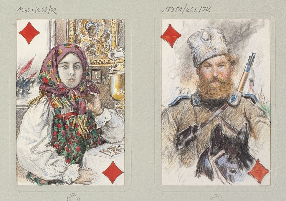 - Дама Бубен (♦) Молодая русская женщина в традиционном русском костюме.
На заднем плане виден интерьер, напоминающий русскую избу.
- Валет Бубен (♦) Русский солдат в зимней форме, с винтовкой за плечами.
Аллегория русской армии.