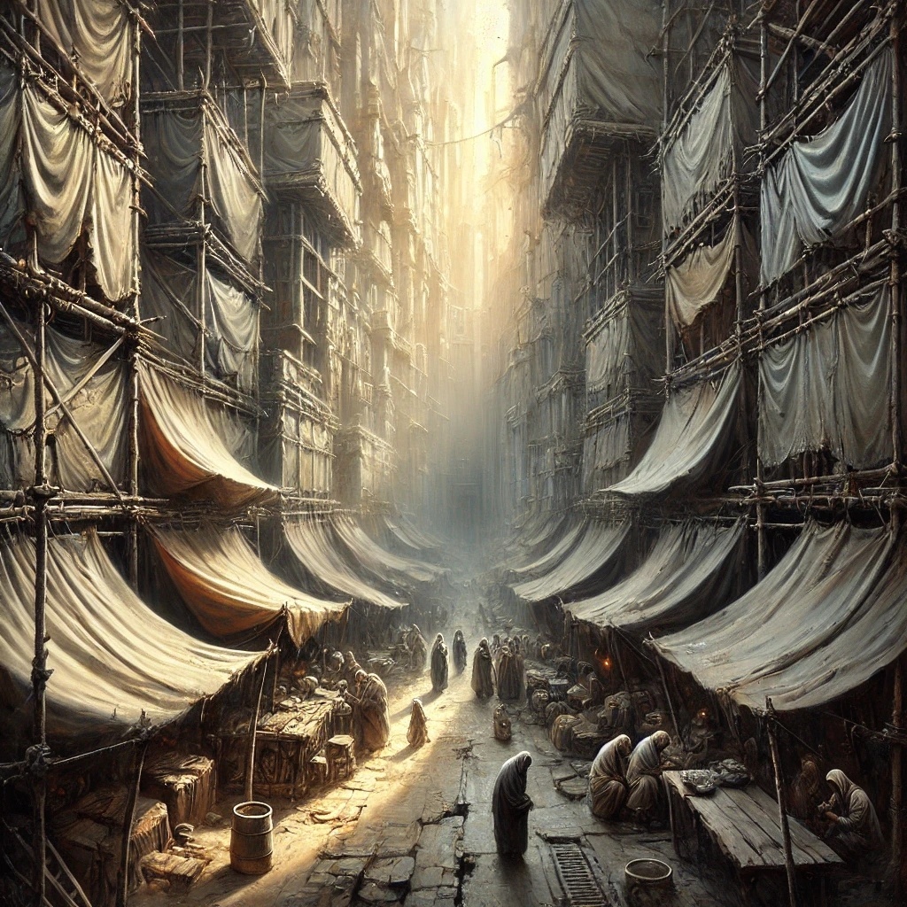 Затерянный город в лабиринте времени узкие улочки с балками, укрытыми парусиной, напоминающие античные события, где прошлое и настоящее слились в единое