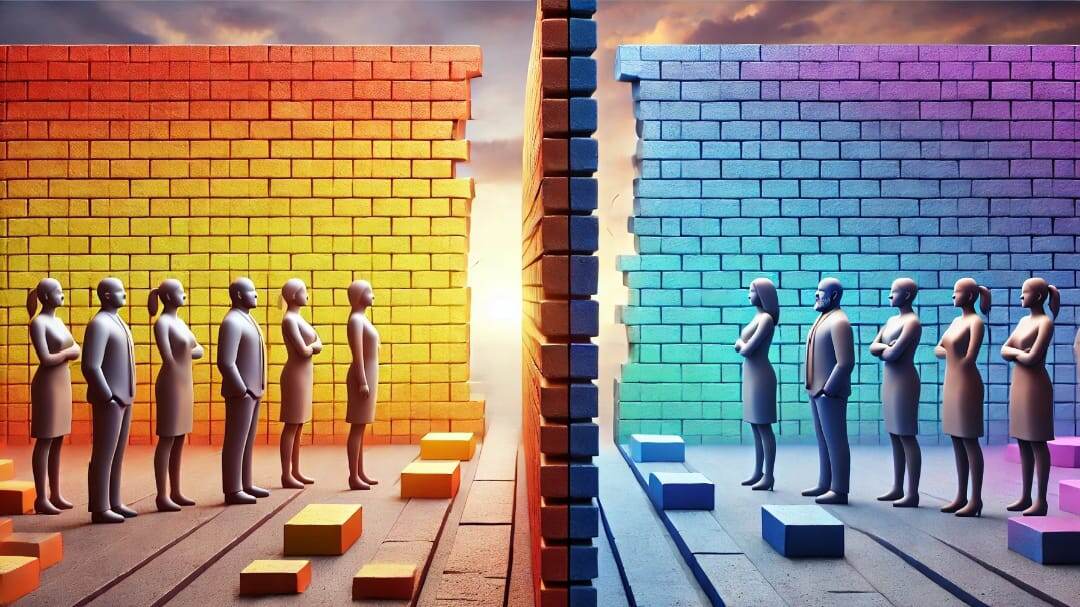 "Разделяющая стена"
Два человека стоят по разные стороны кирпичной стены. Левая сторона яркая и светлая, символизирующая открытость и принятие, а правая — мрачная, символизирующая предвзятость. Трещины в стене показывают возможность разрушения барьеров.