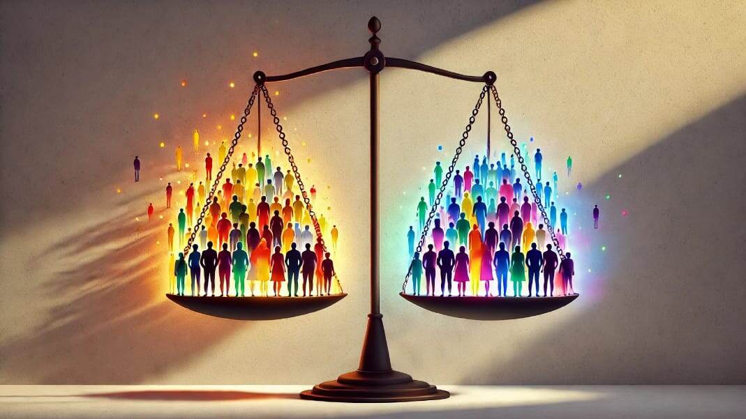 "Весы предвзятости"
На одной чаше весов находятся люди разных национальностей и культур, излучающие свет и гармонию, другая чаша пуста и покрыта тенью. Этот образ подчеркивает дисбаланс и несправедливость в предвзятых отношениях.