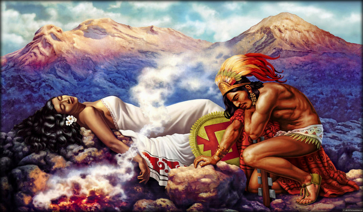 Попокатепетль (слева) и Истаксиуатль (в белом) - в виде людей.