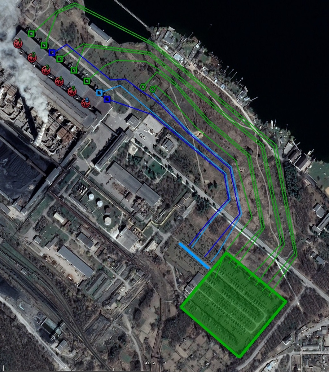 Зелёный цвет – 330 кВ, синий и голубой – 110 кВ. Значки осциллографа – энергоблоки, квадратики – силовые трансформаторы, шестиугольники – автотрансформаторы. Закрашено ОРУ 330 кВ, голубая толстая линия – ряд выключателей 110 кВ, остальные линии – шинные мосты