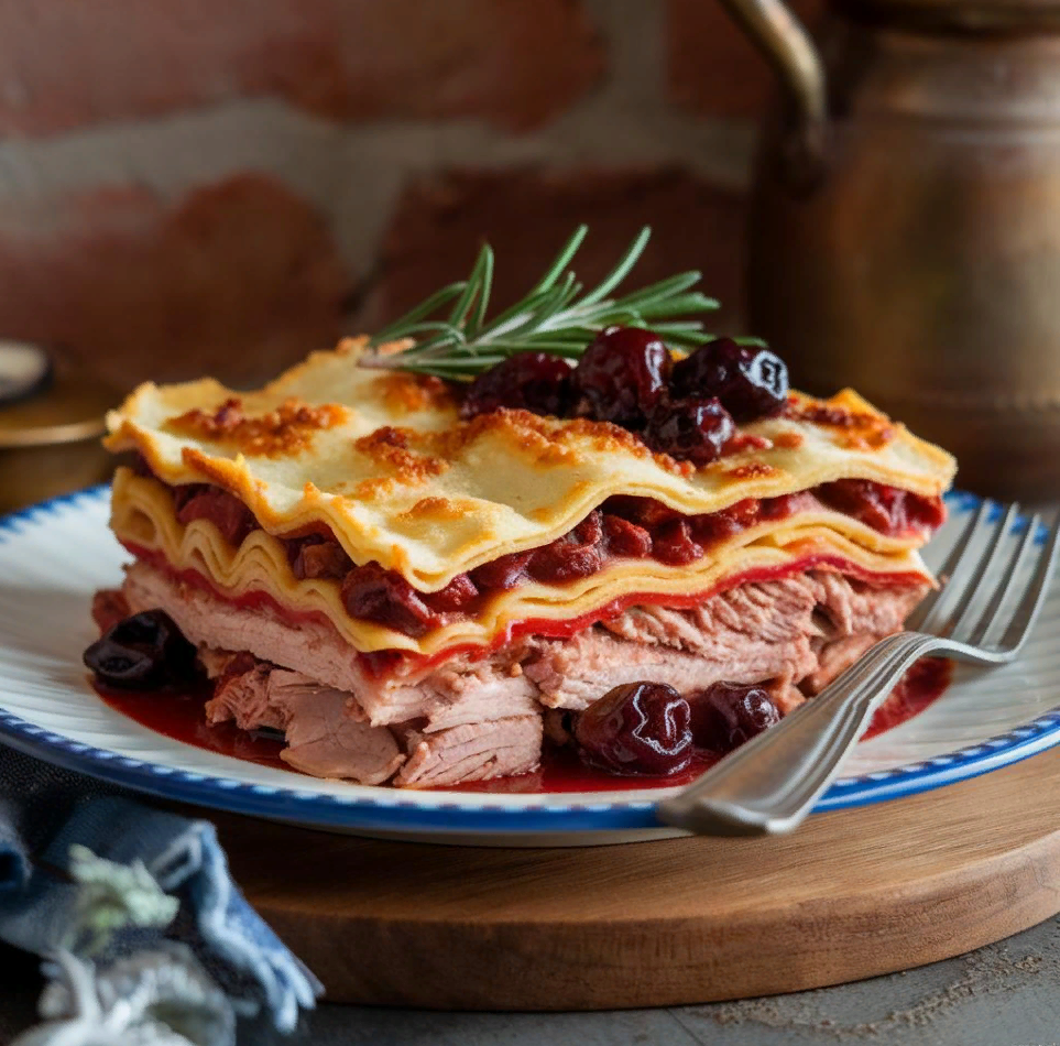 Лазанья с уткой и вишневым соусом 