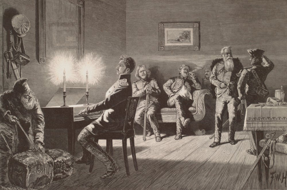 Теодор Кернер вечером перед смертью в поместье Готтесгабен недалеко от Шверина (25 августа 1813 г.); слева направо казак, Теодор Кернер, Фридрих Фризен, Адольф фон Лютцов, Фриц Хельфриц, Йозеф Фишер, Антон Пробстан. Гравюра на дереве, ок. 1880 г., по картине Фридриха Вильгельма Гейне 