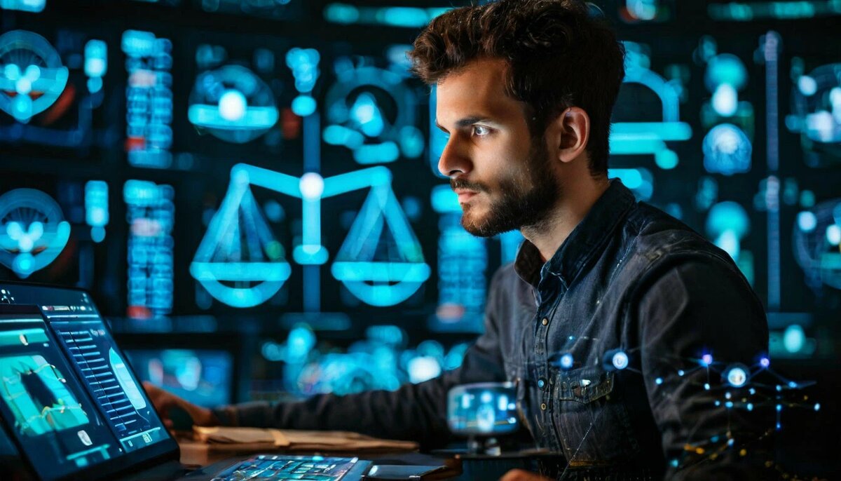 Весы, книги, светящиеся данные, размышляющий человек