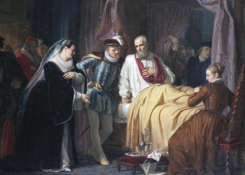 Екатерина Медичи и Карл IX у постели раненого адмирала Колиньи.