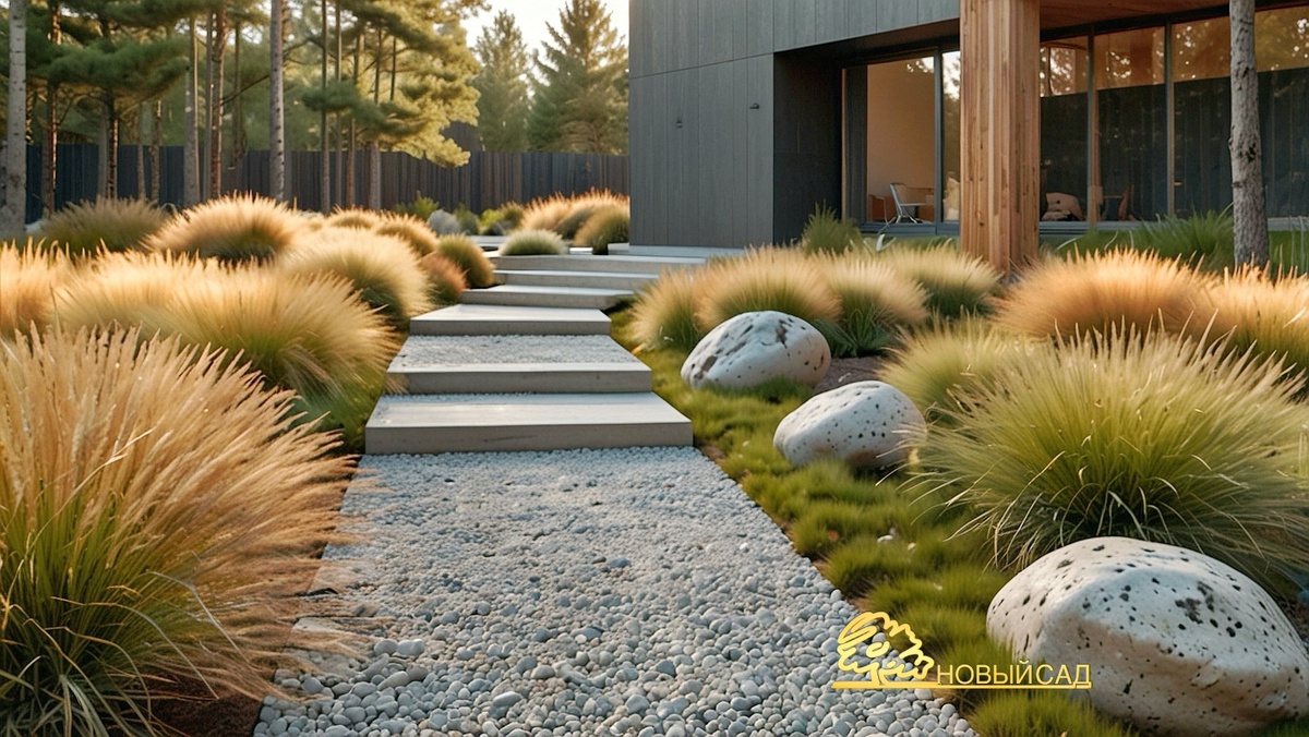 Современный сад в скандинавском стиле, гравийные дорожки, камни, злаки