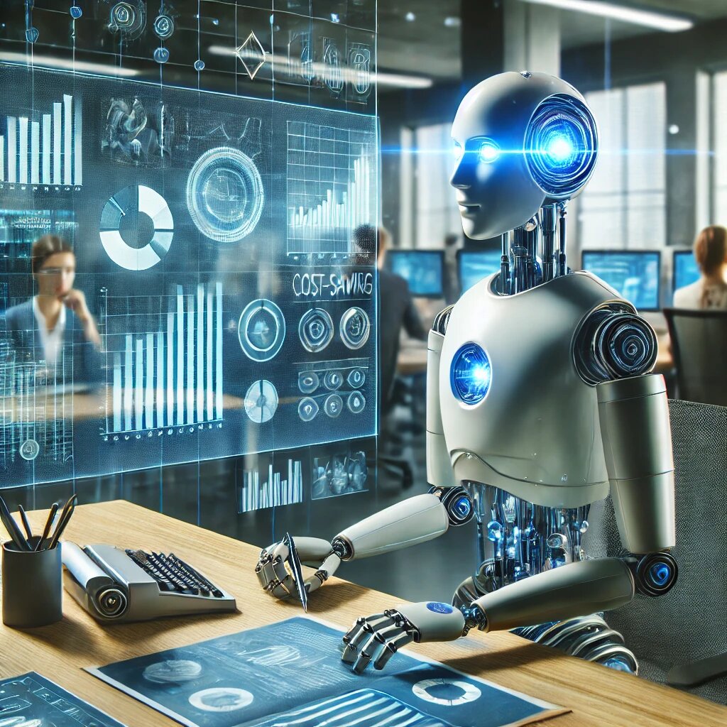  Робот обрабатывает данные на экране компьютера, символизируя замену рутинного труда.