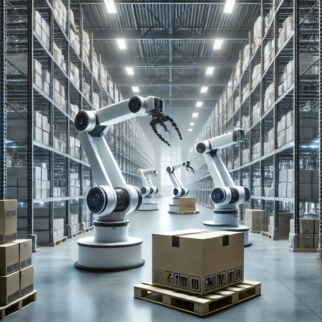 Роботы перевозят коробки на складе, упрощая процесс инвентаризации.