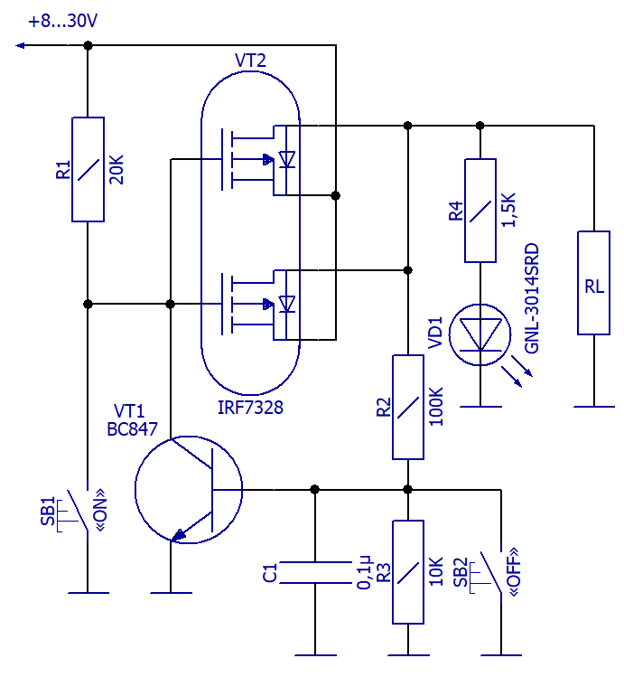 Схема электрическая принципиальная малогабаритного кнопочного выключателя постоянного тока