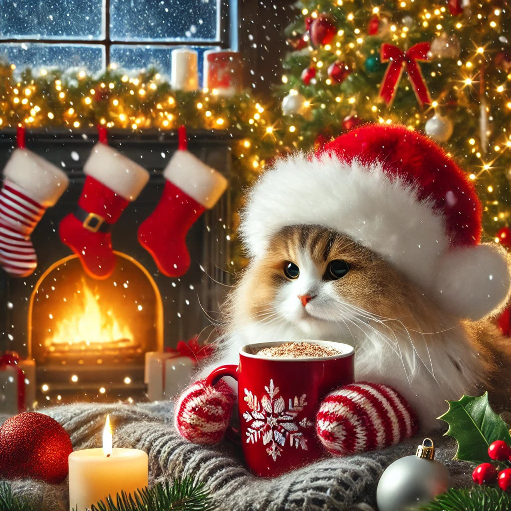 🎄 На изображении кот оказался не только в шапке, но и с кружкой какао в лапках!