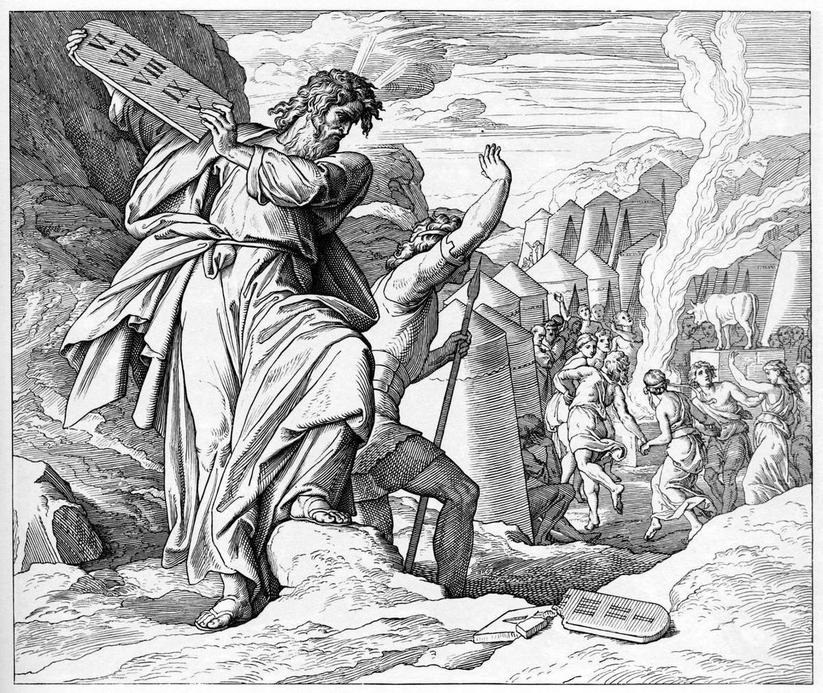 Моисей разбивает скрижали, увидев как народ вернулся к старым душегубительным практикам. Народ уклонился от пути, который заповедал им Господь Бог.