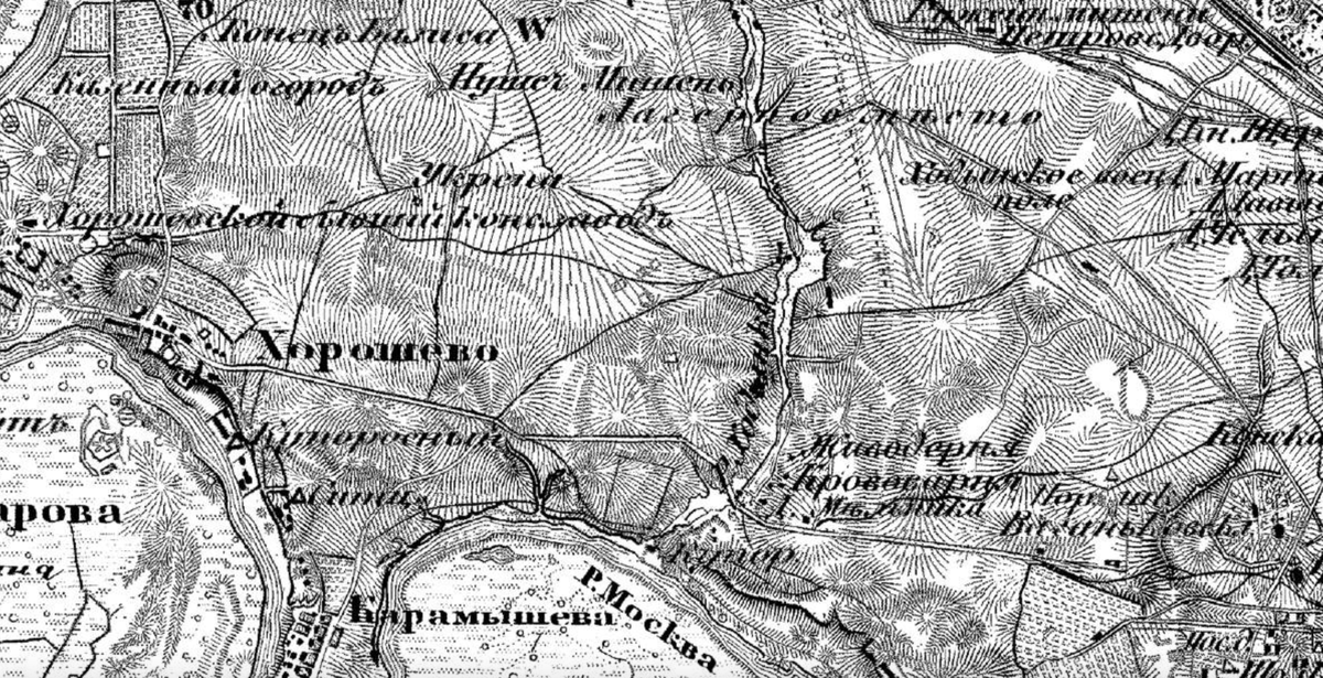 Село Хорошёво на карте окрестностей Москвы 1860 года. Также здесь можно видеть реку Ходынку. Отсюда: https://ru.wikipedia.org
