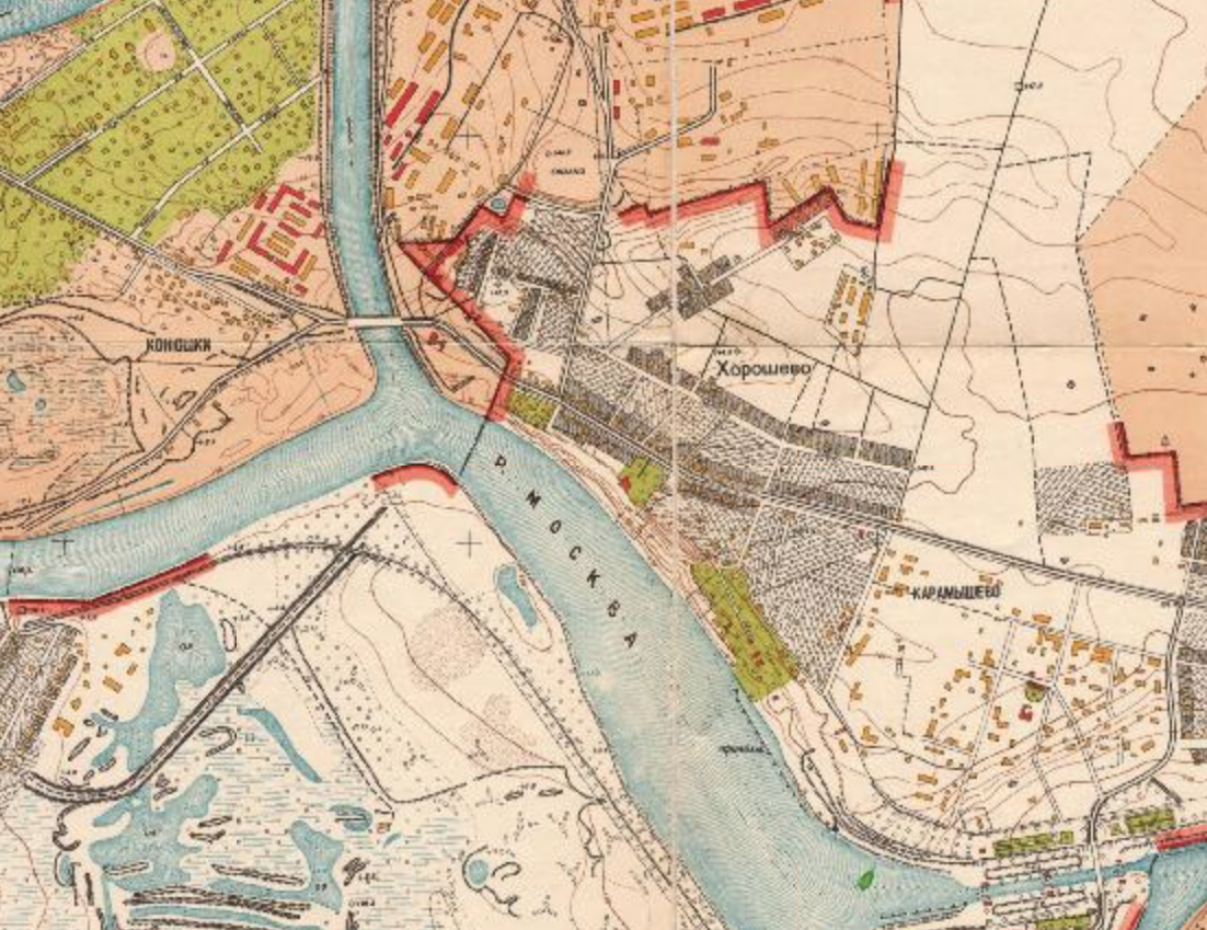 Чтобы показать вам более наглядно - карта Москвы и окрестностей 1952 года. То есть село Хорошёво находилось вдоль современной Карамышевской набережной. С сайта www.retromap.ru.