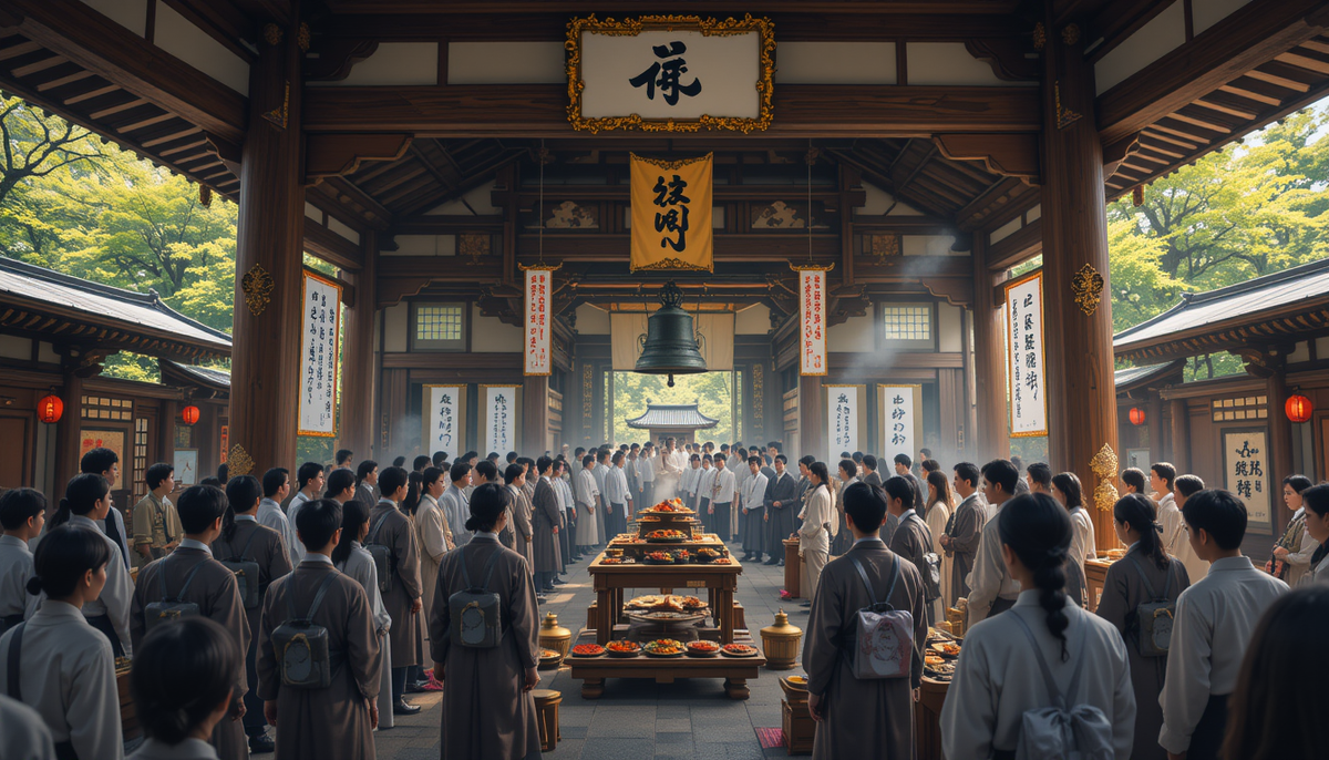 Японский храм с колоколами, где люди собираются на обряд "Тохо