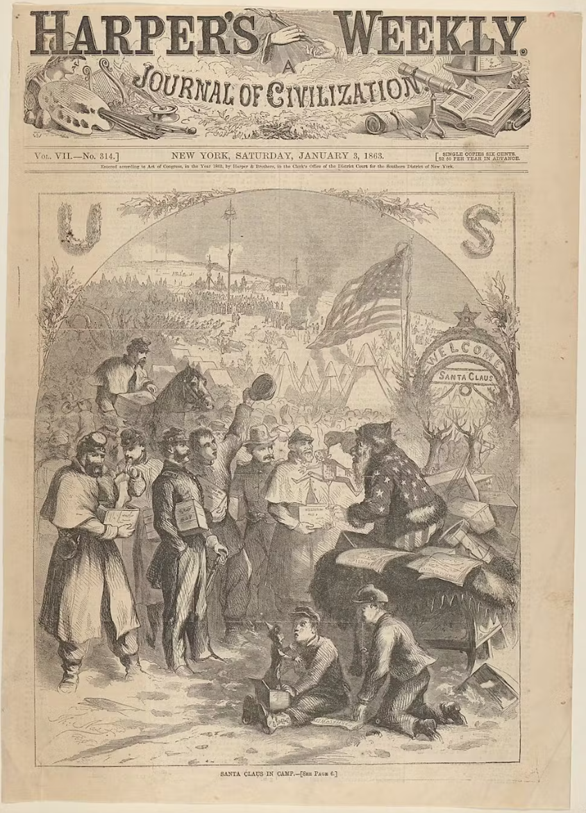 "Санта-Клаус в лагере", из журнала Harper’s Weekly, художник Томас Наст. Фонд Харриса Брисбена Дика, 1929