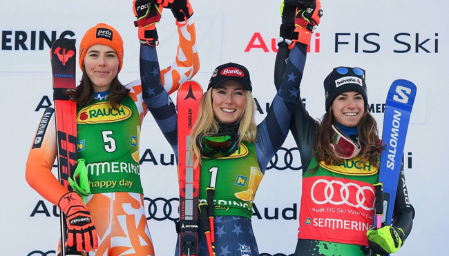 Таким был пьедестал в первом гиганте в Земмеринге в 2022 году 
