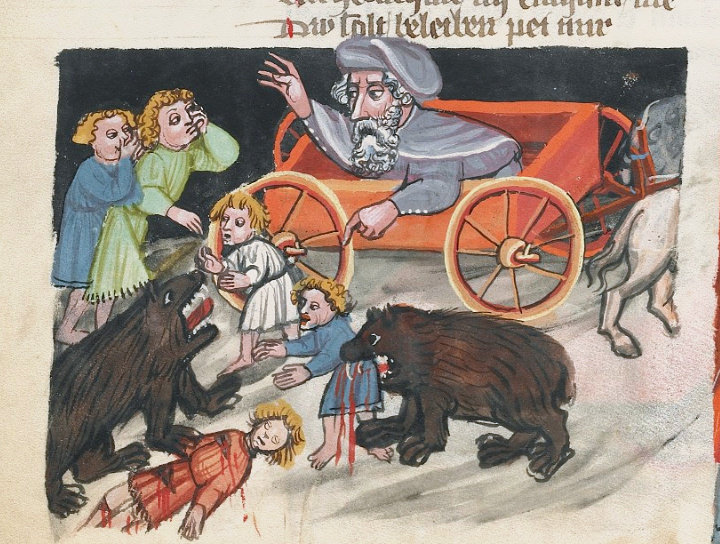 «Медведи поедают детей, смеявшихся над лысиной пророка Елисея», «Хроника всемирной истории Рудольфа Эмского», начало XV в.