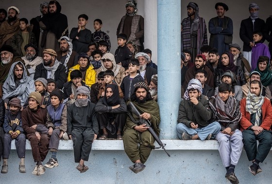    Член «Талибана» с винтовкой М-16 сидит среди зрителей, наблюдающих за игрой в бузкаши