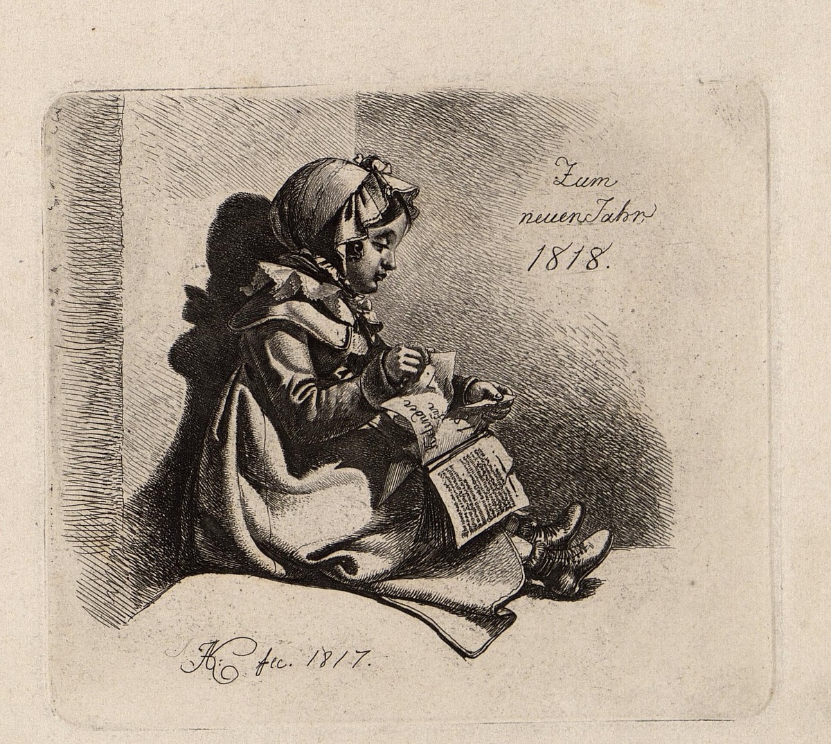 Клейн, Иоганн-Адам (1792-1875); Клейн, Иоганн-Адам (1792-1875) Девочка разрывающая календарь: "Zum Neuen Jahr 1818..." 1817 г.  Государственный Эрмитаж