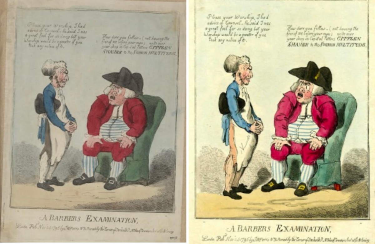 Пара № 1. Неизвестный гравер. A Barber`s Examination. 1795. Источники: (1) https://clck.ru/3FX9y7 (2) https://clck.ru/3FXA2N