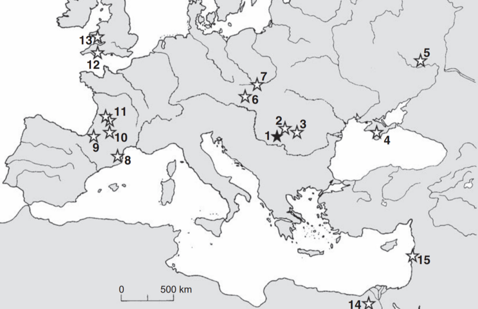 Цифрой 1 обозначено местоположение памятника Оасе. Источник: Life and Death at the Peştera cu Oase / eds. by Erik Trinkaus et al. Oxford University Press, 2013