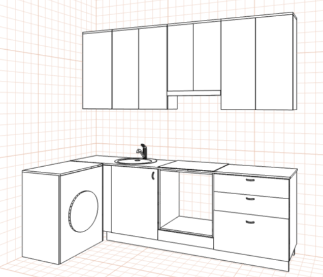 Кухня, угловая в нижней части и прямая в верхней. Легко устанавливается даже если стены неворовнены