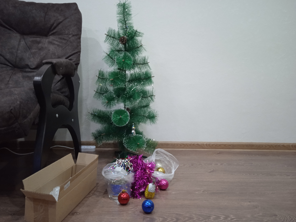 Достал из шкафа ёлку и украшения. Фото автора.
