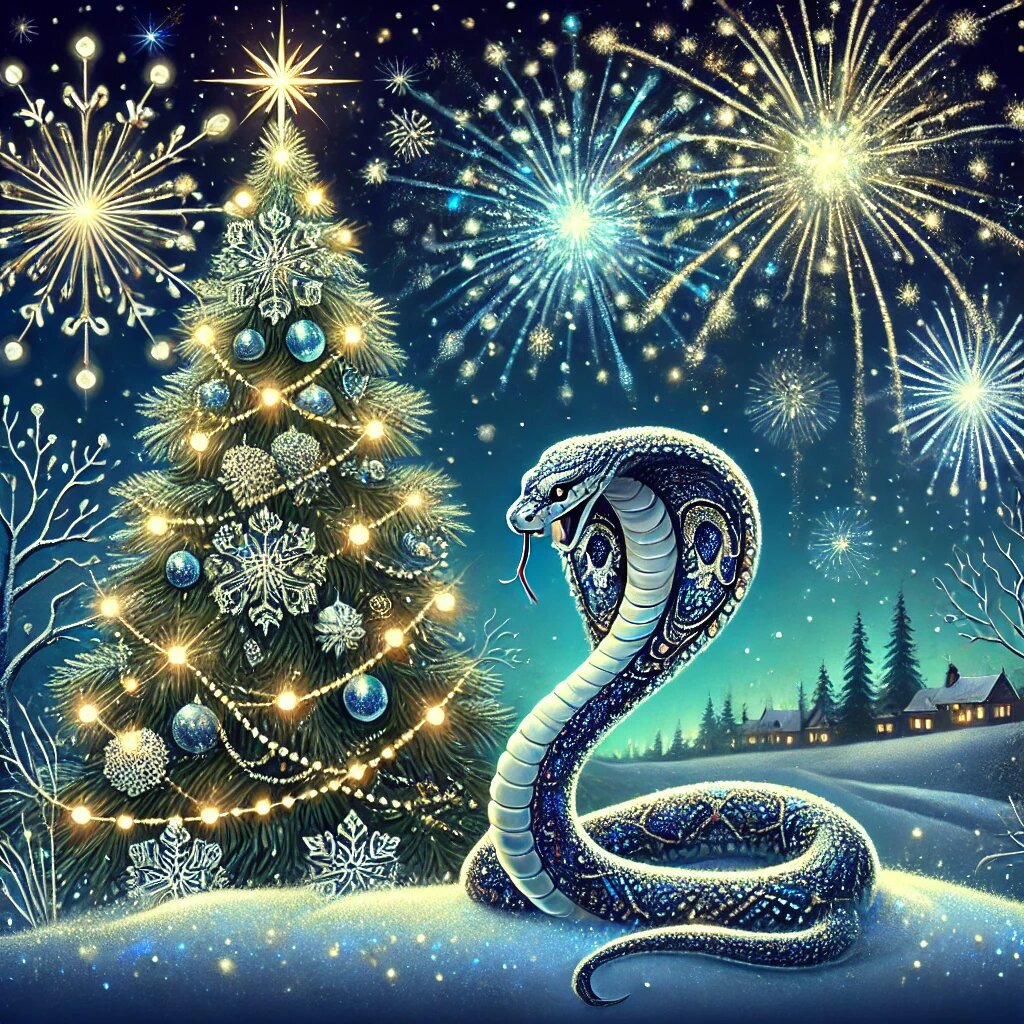 Под сиянием звёзд и огней Нового года: мудрая змея обретает место у новогодней ёлки, напоминая нам о гармонии, спокойствии и силе перемен