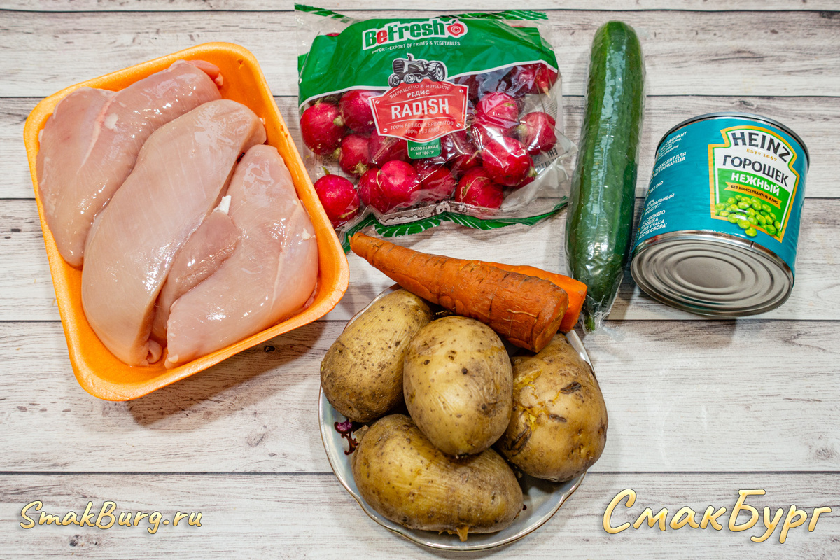 Простые и знакомые ингредиенты для приготовления диетического салата Оливье