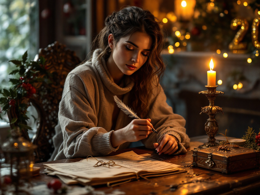 Девушка пишет новогоднее письмо. Изображение сгенерировано нейросетью.