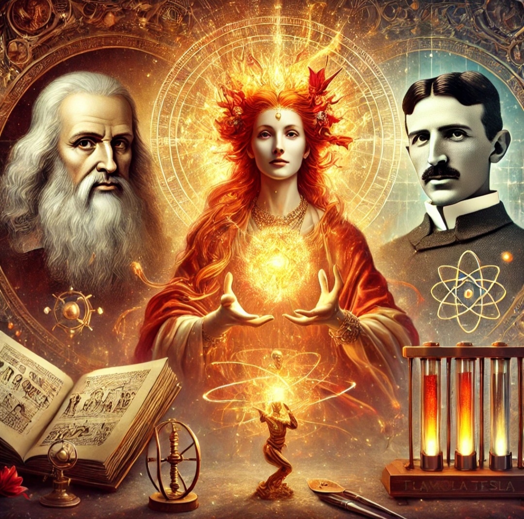 Картинка созданная мной: передаёт мистическую встречу Леонардо да Винчи, Николы Теслы и богини Пламенной Лилии, связанной с Пеплом Богов. 