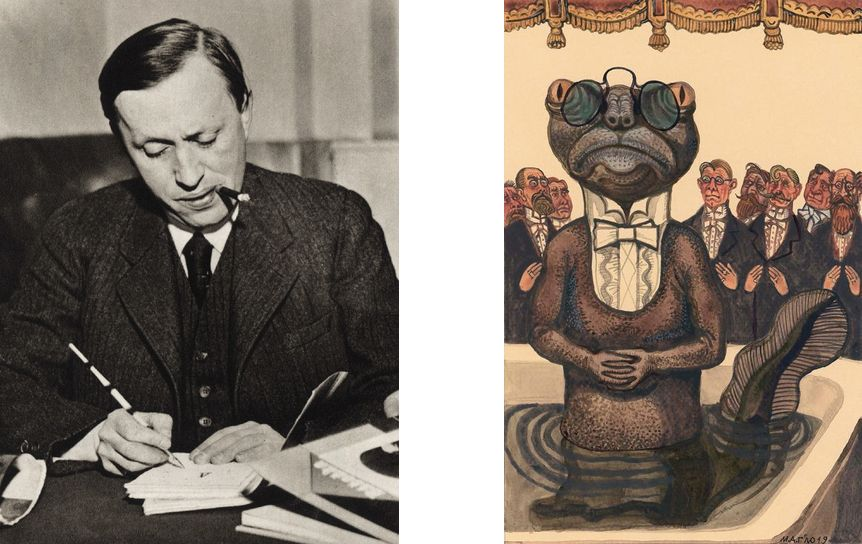 Карел Чапек в 1934 году и иллюстрация к 'Войне с саламандрами' (СПб., 'Вита Нова', 2022) Михаила Гавричкова
