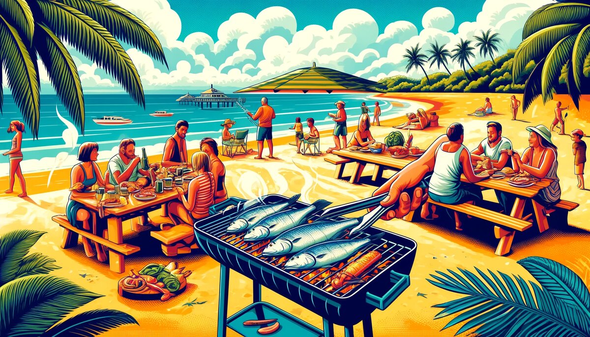 Барраманди на барбекю на пляже в Австралии (сгенерировано DALL-E)