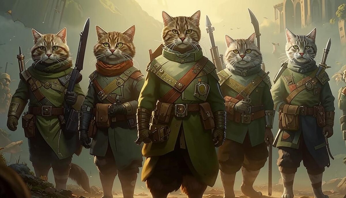 Группа умных и храбрых кошек решает присоединиться к армии (сгенерировано Kandinsky 3.1).