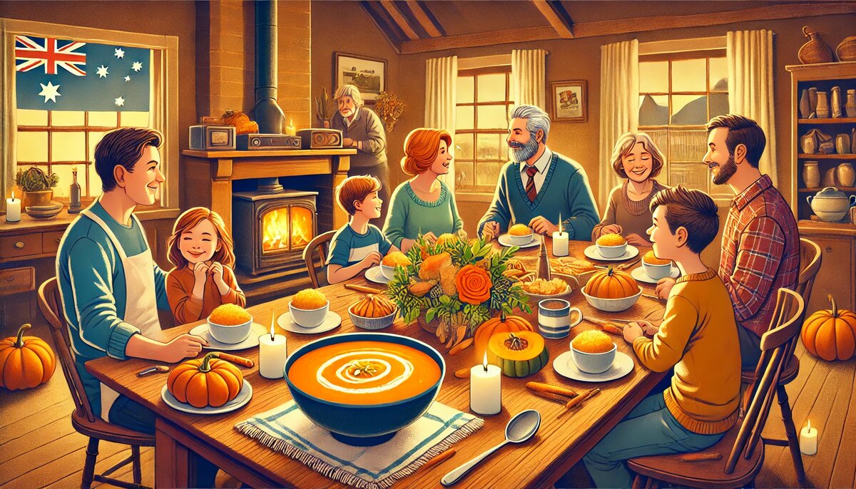 Традиция наслаждения тыквенным супом в семейном кругу в Австралии (сгенерировано DALL-E)