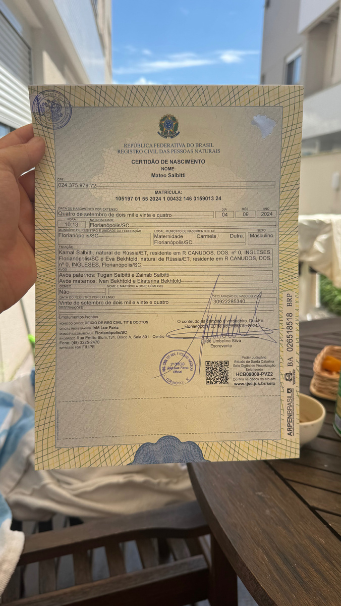 Свидетельство о рождении бразильского образца