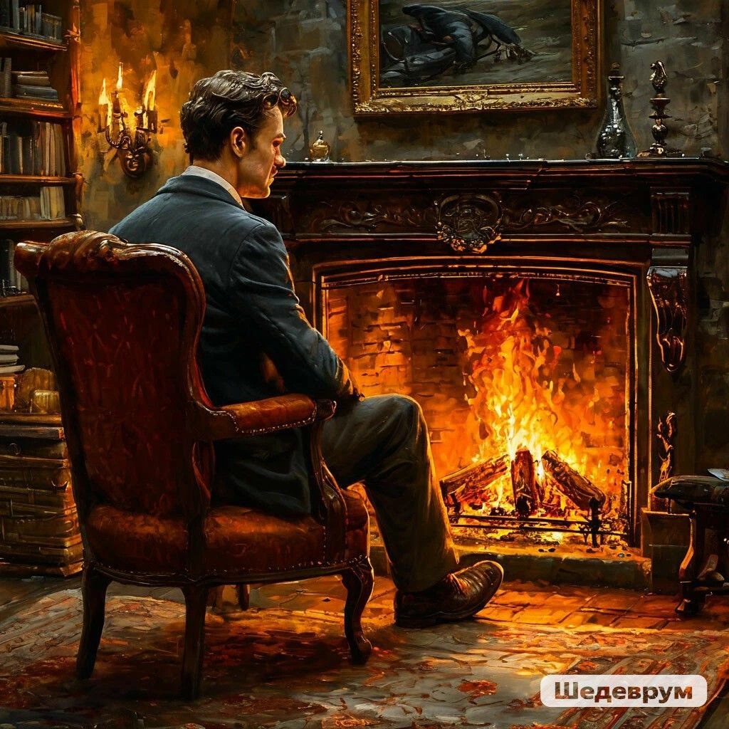 Человек сидит у камина