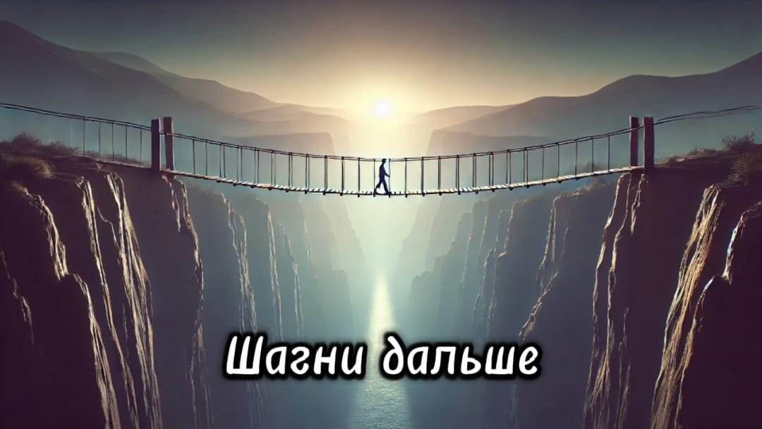 Человек идет по подвесному мосту над глубокой пропастью, освещенному мягким светом на горизонте, символизируя риск и надежду.