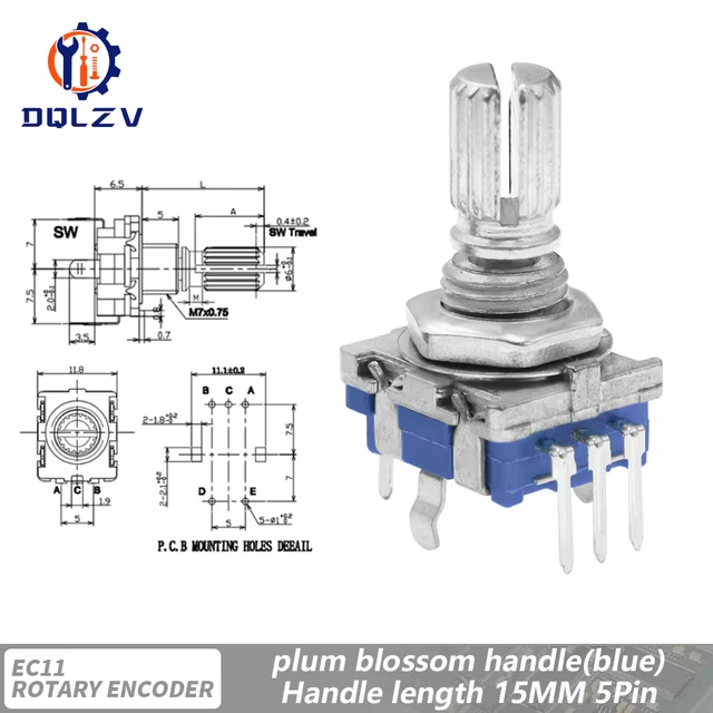 Поворотный энкодер на 360 градусов EC11 с кнопкой, 5 контактов, 20 позиций, 20 импульсных кодов, ручка переключателя, 15/20 мм, цифровой потенциометр