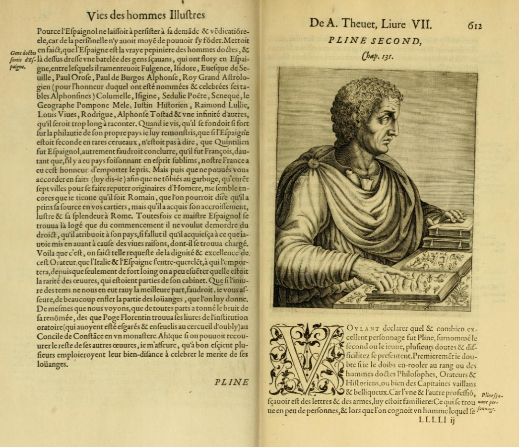 Портрет Плиния Старшего в профиль. Иллюстрация к книге Теве "Vrais portraits et vies des hommes illustres" (Париж, 1584), стр. 612