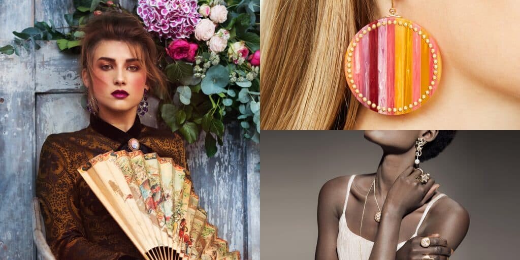 По часовой стрелке слева: модель носит аметистовые серьги-люстры от Fei Liu, бакелитовые серьги от Mark Davis и украшения от Wendy Brandes.