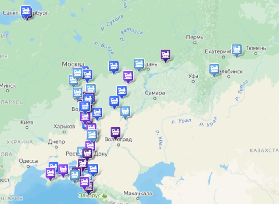 Поезда, которые следуют в Ростов / из Ростова. Скрин с сайта https://rasp.yandex.ru/map/trains/#center=50.96546373364097%2C54.26493868081647,zoom=4,type=train,station=Ростов-Главный