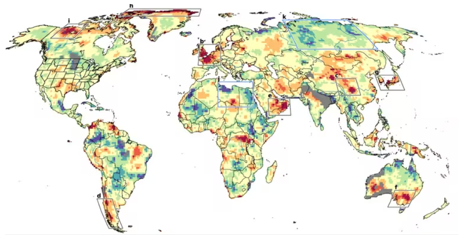 Регионы, где наблюдаемые волны тепла превышают тенденции климатических моделей. Области, выделенные самыми темными красными цветами — самые экстремальные.