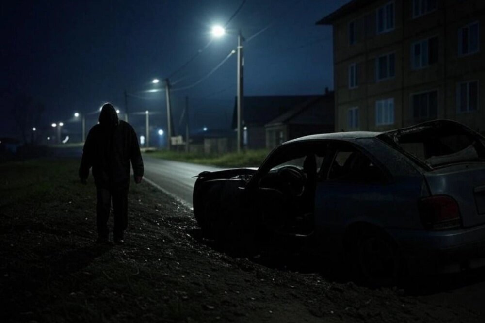    Бездомный смог уехать лишь в пригород, где попал в аварию. Фото: Нейросеть Grok