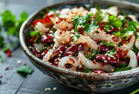    Салат с кальмарами на праздничный стол — с фасолью и перцем чили