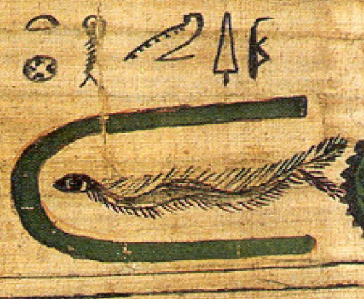 Африканский дракончик, или колючая древесная гадюка (Atheris hispidus/Atheris hispida) в Книге мёртвых жрицы Амона Тентосоркон (Брит. муз., ЕА9919,3). Её едва можно узнать из-за геральдической стилизации.